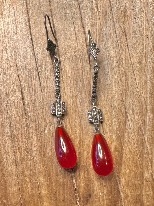 Vintage Art Deco Marcasite and Carnelian 935 Silver Earrings