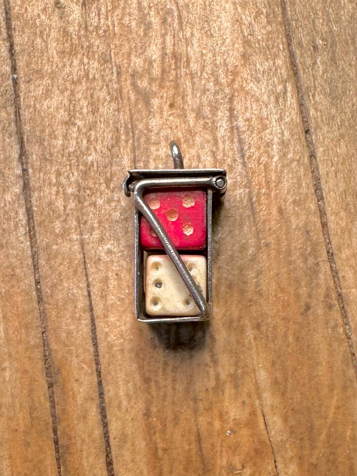 Seltener Vintage 1960er Jahre rot-weißer Würfel-Käfig 925 Sterling Silber Charm Anhänger
