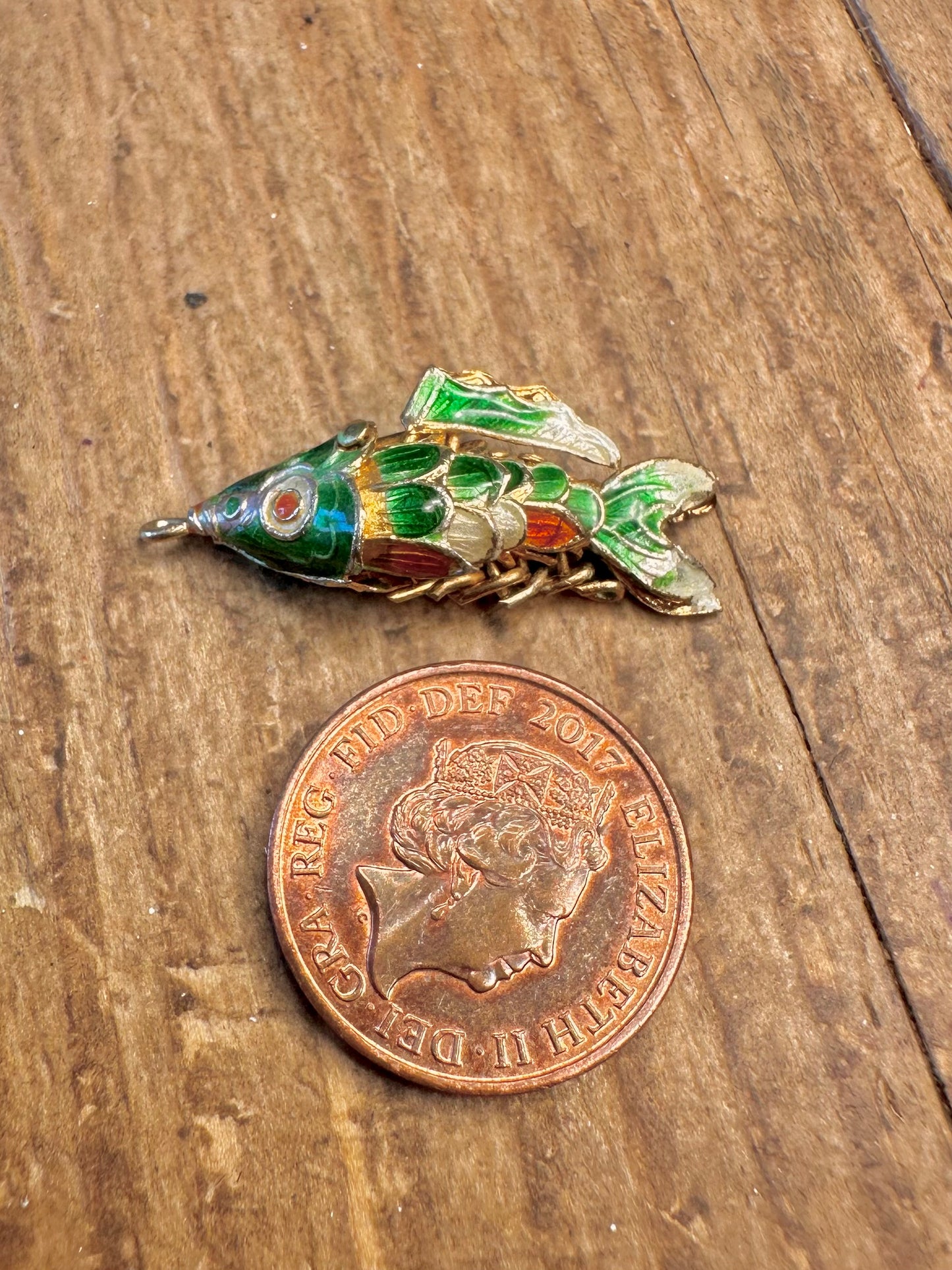 Green Enamel Articulated Moving Fish Gold Plated Metal Pendant