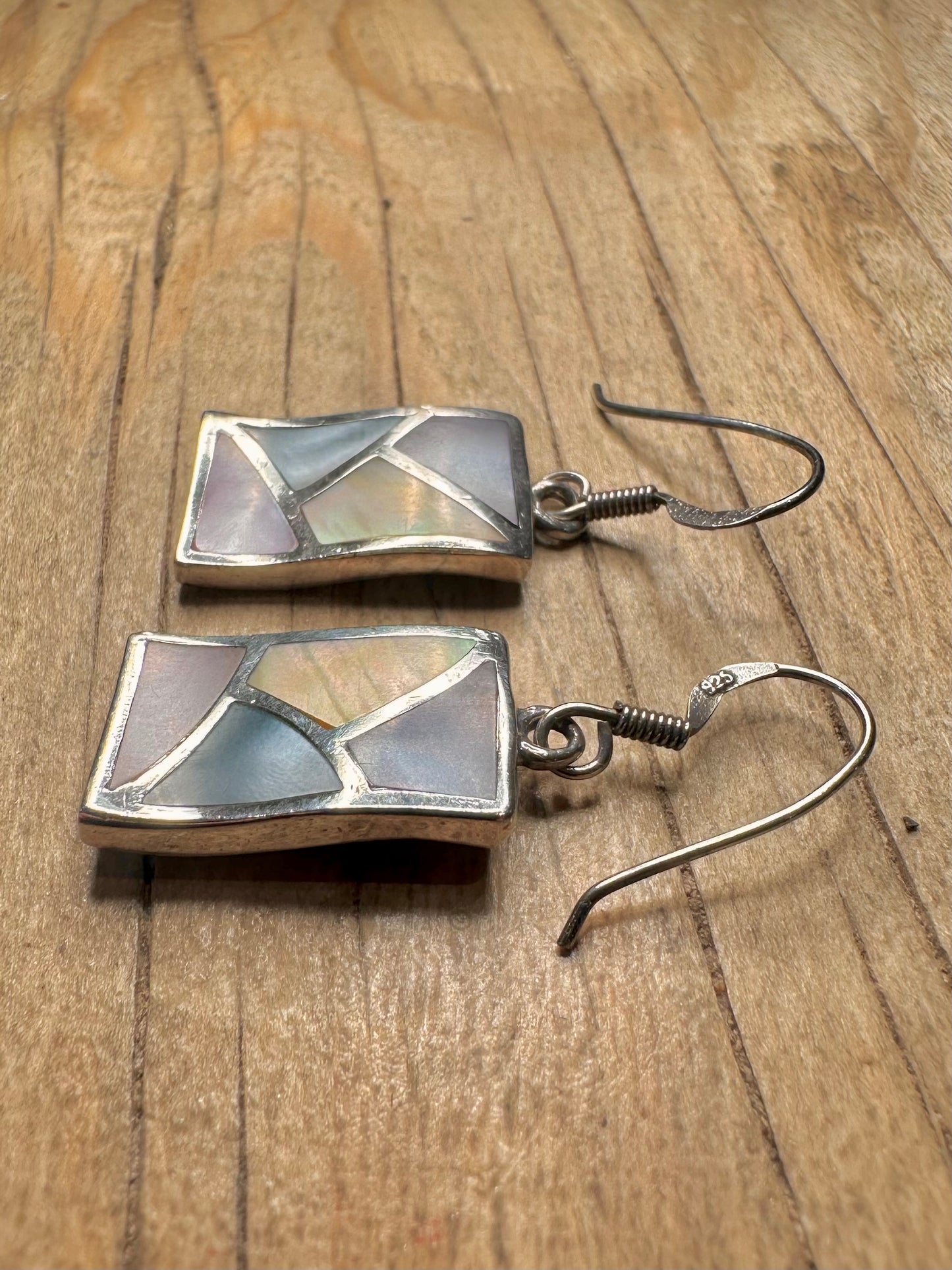 Modernist Multi Coloured Mother of Pearl Wavy 925 Sterling Silver Earrings