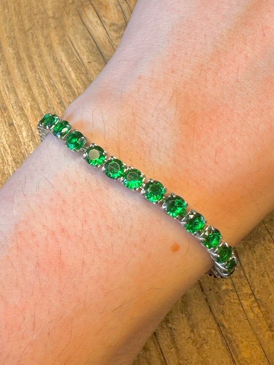 Green Stones Tennis Bracelet 925 Sterling Silver 6.5 inch Bracelet