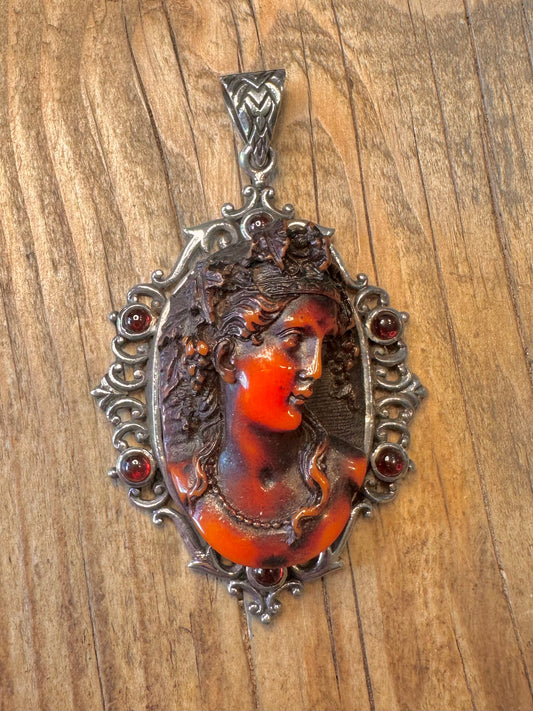 Ornate Large Orange Cameo Orange Stones 925 Sterling Silver Pendant