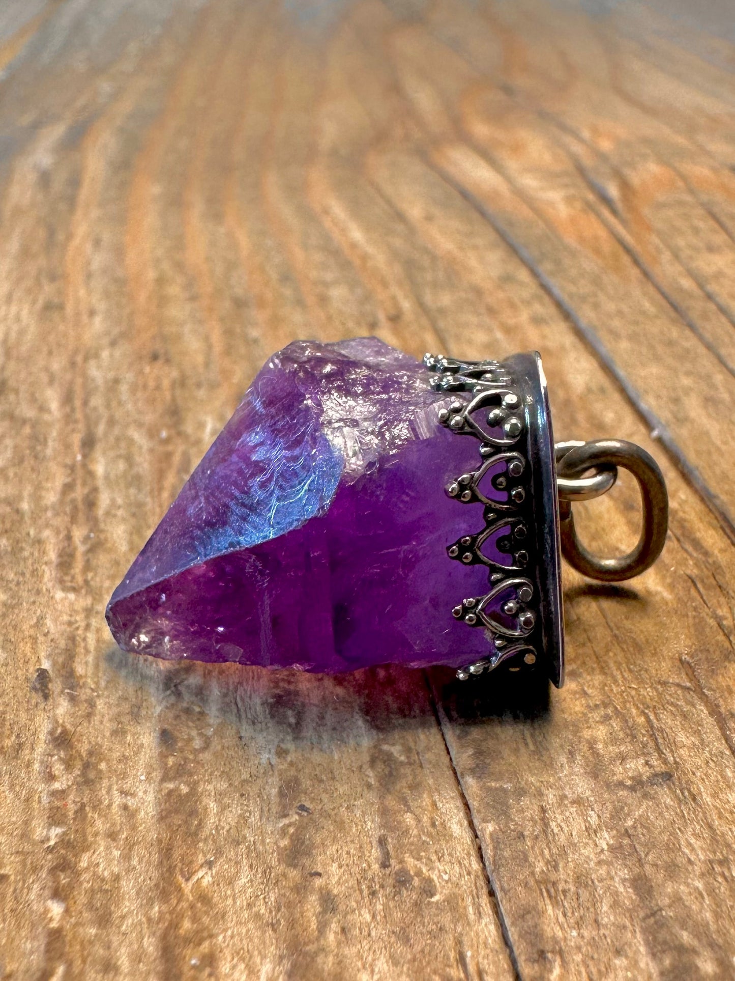 Raw Amethyst Ornate Mount Silver Pendant