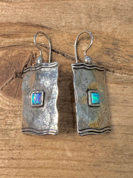 Abstract Opal Rectangle 925 Silver Designer Earrings