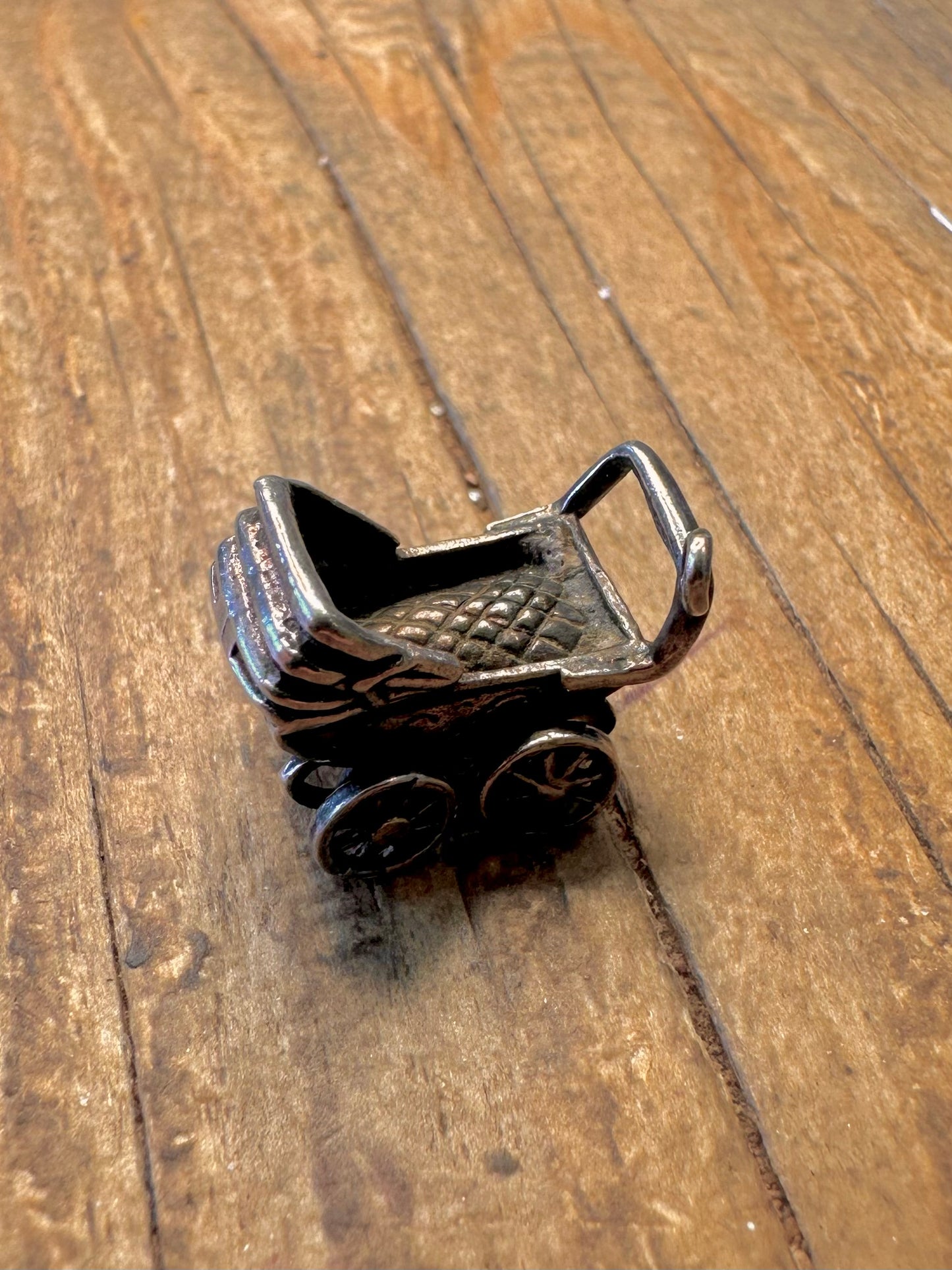 Baby Carriage Pram Moving Wheels 925 Sterling Silver Charm Pendant