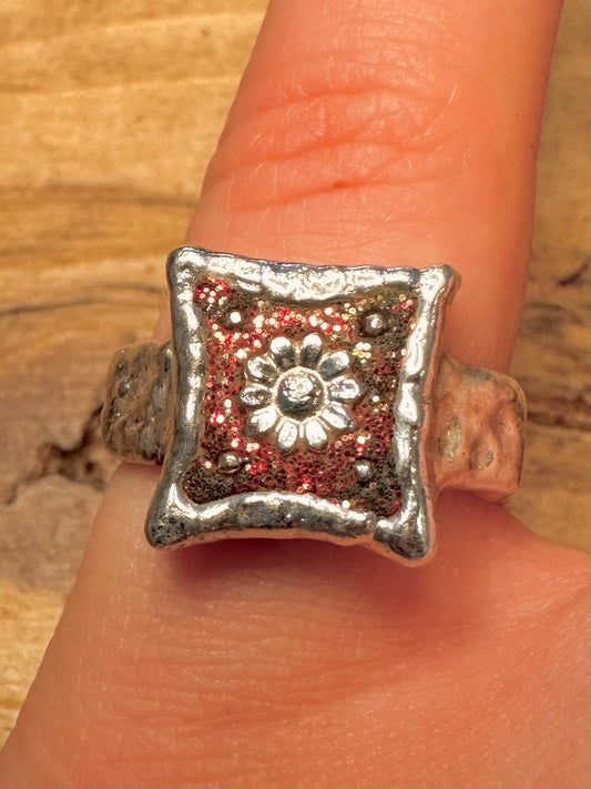 Abstract Hammered Flower and Red 925 Silver Size N Ring