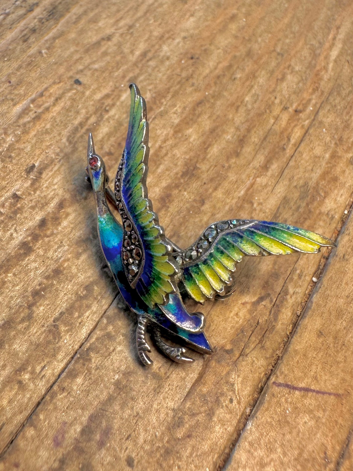 Enamel and Marcasite Flying Bird 925 Silver Brooch