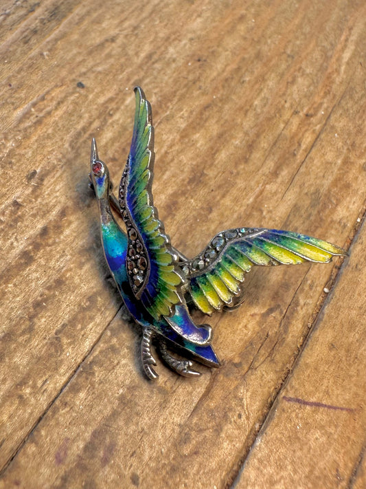 Enamel and Marcasite Flying Bird 925 Silver Brooch