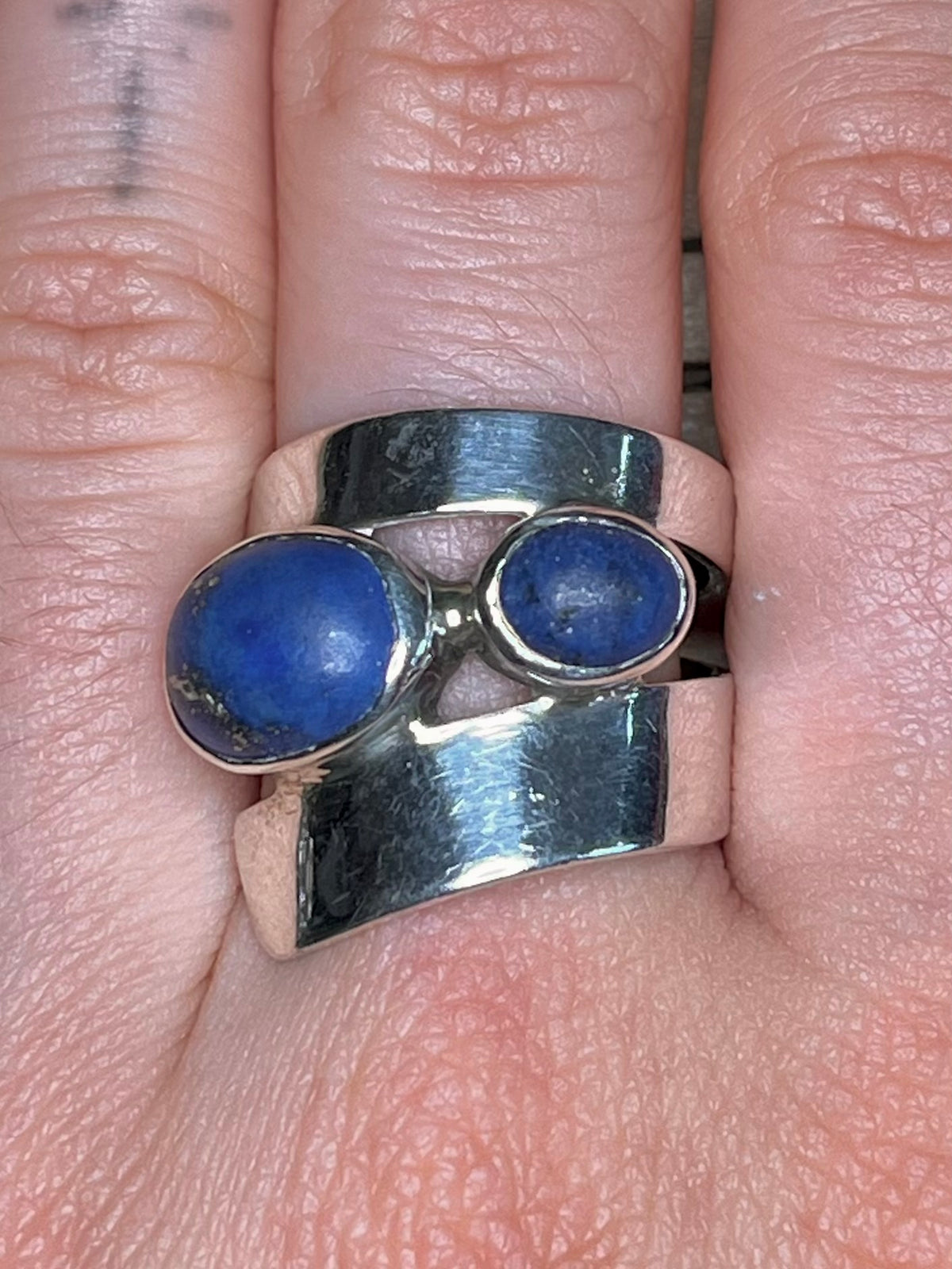 Abstract Double Lapis Lazuli 925 Sterling Silver Size N Ring