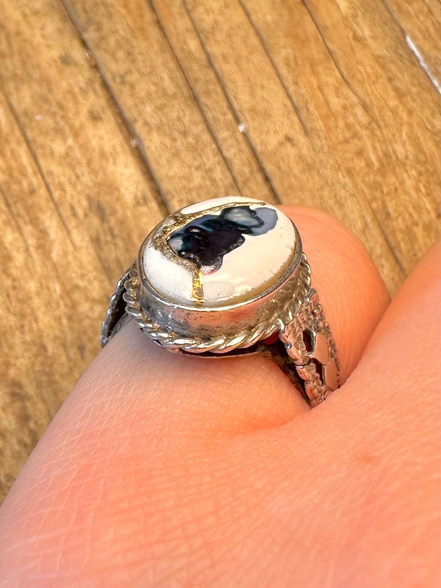 White Agate Multi Coloured 1992 Textured 925 Sterling Silver Size M Ring