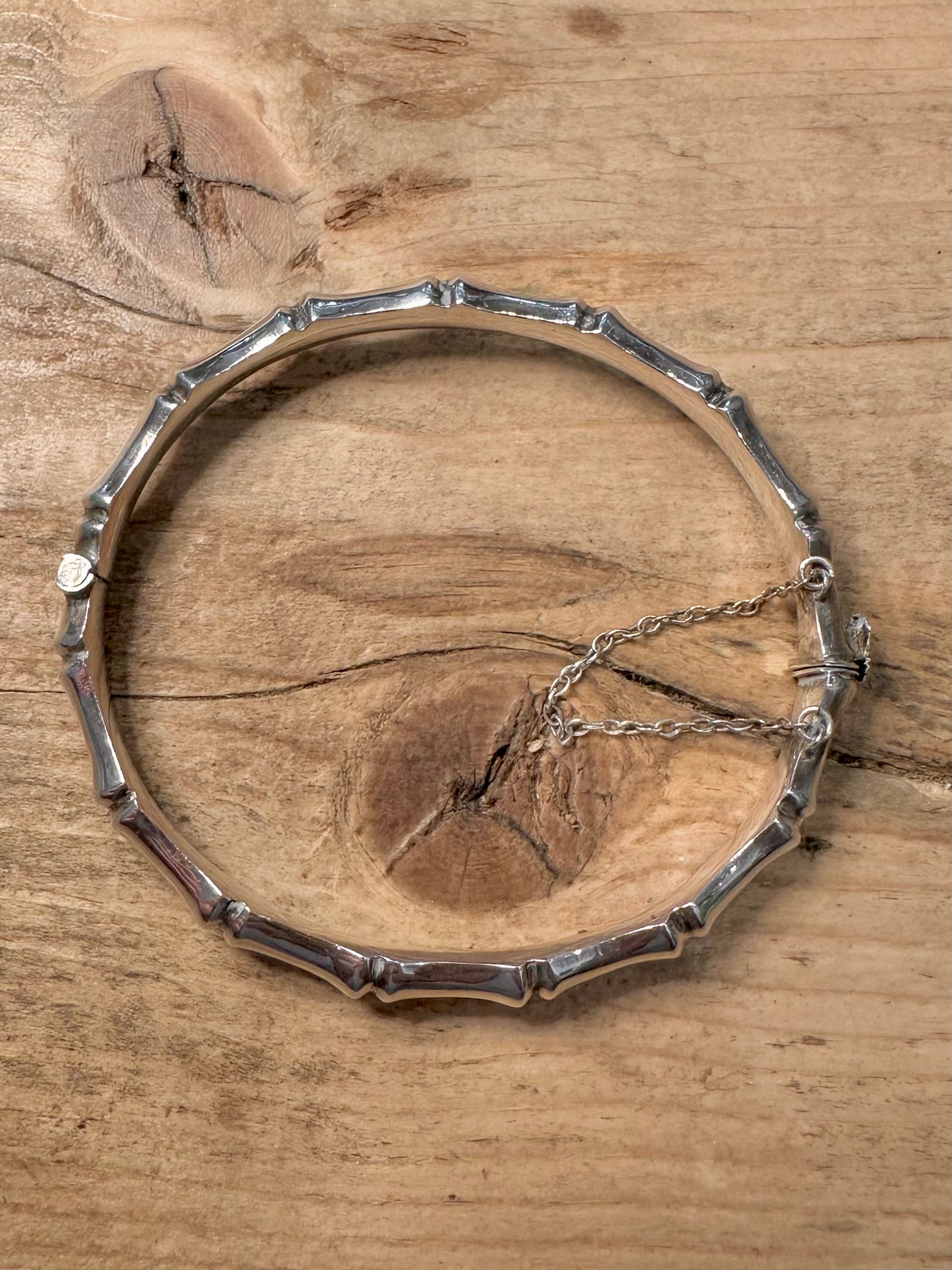 Vintage 1966 Bamboo Style with Safety Chain 925 Silver Bangle