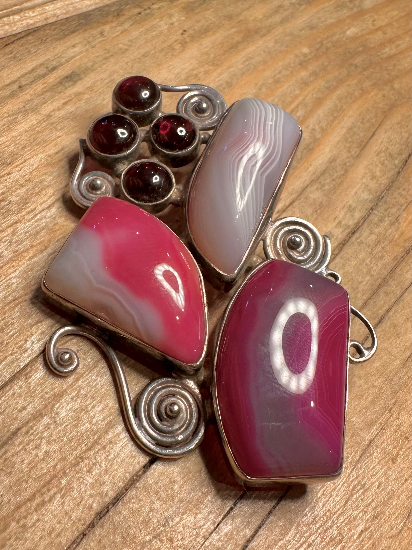 Abstract Garnet and Agate Swirl Large 925 Sterling Silver Pendant