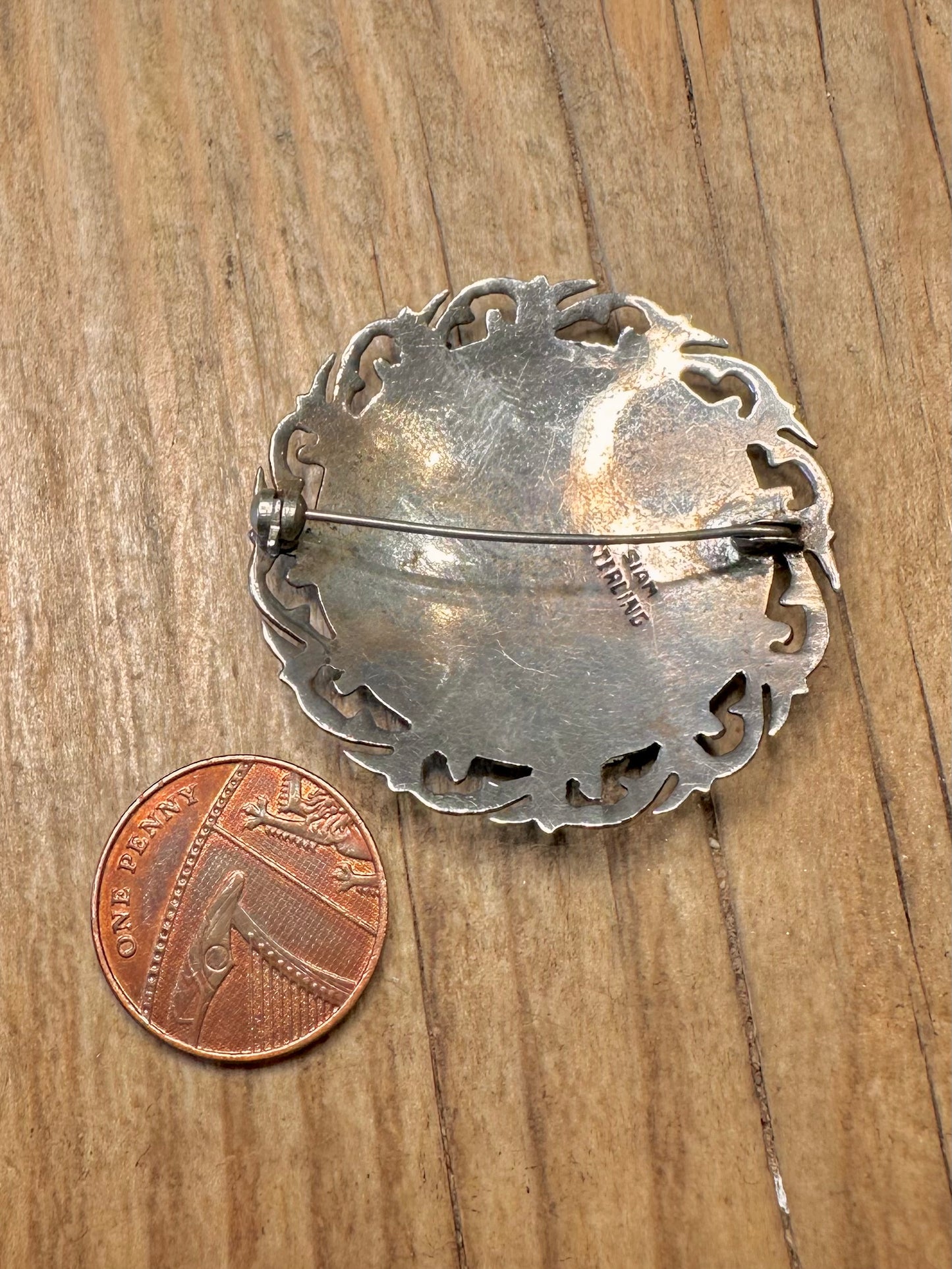 Vintage Siam Blue Enamel Deities Mekkala and Ramasoon 925 Sterling Silver Brooch