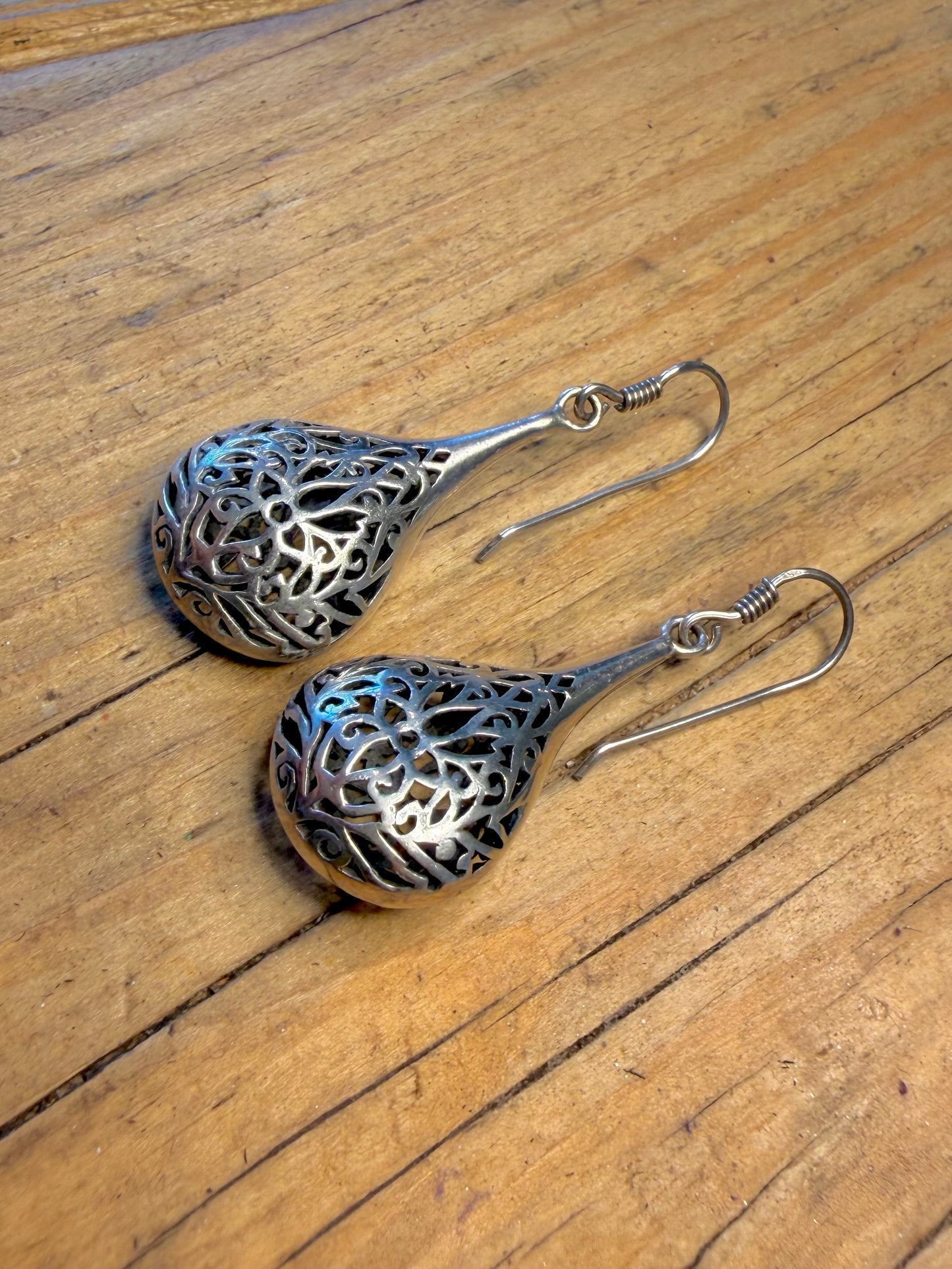 Filigree Teardrop Dangle 925 Sterling Silver Earrings