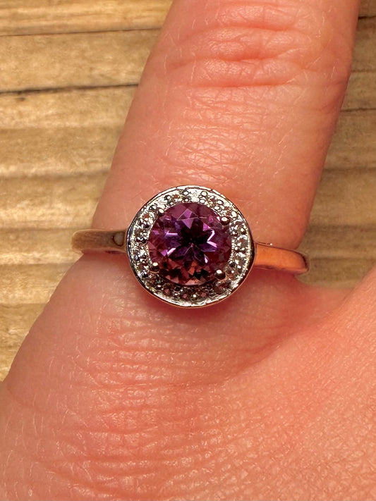 Modern Purple and White Stone Rose Gold Toned 925 Sterling Silver Size N1/2 Ring