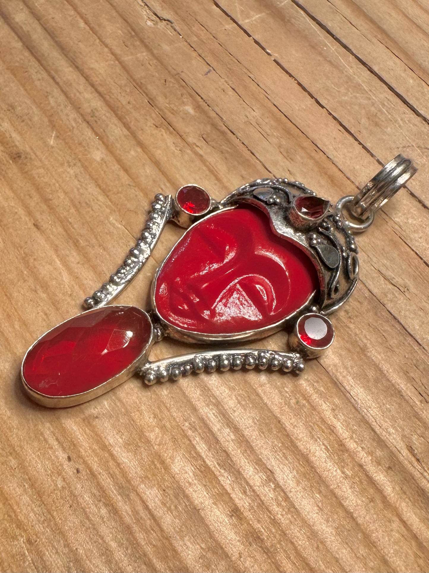 Vintage Bali Moon Goddess Red Stone 925 Sterling Silver Pendant