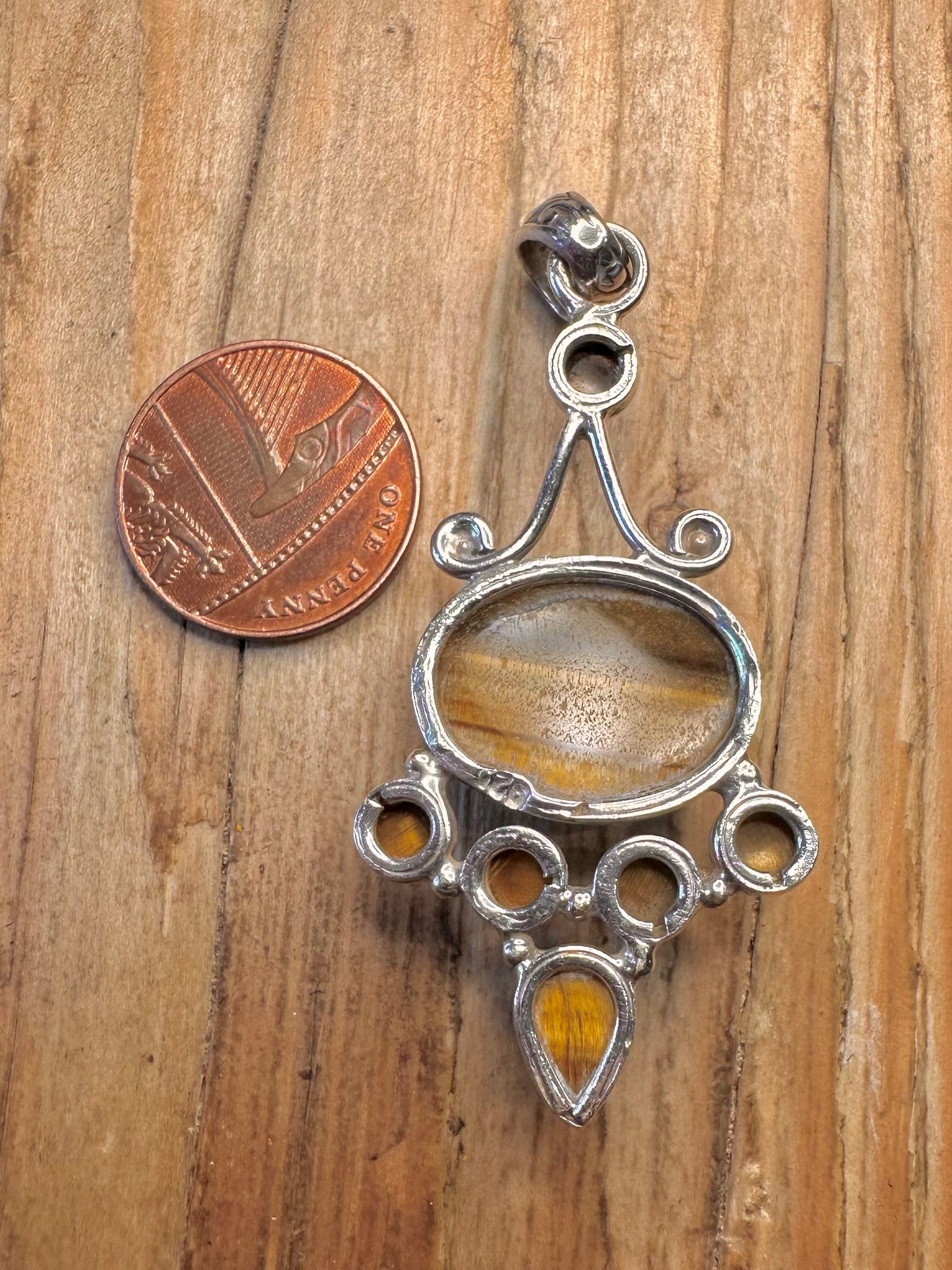 Vintage Tigers Eye Boho Style 925 Sterling Silver Pendant