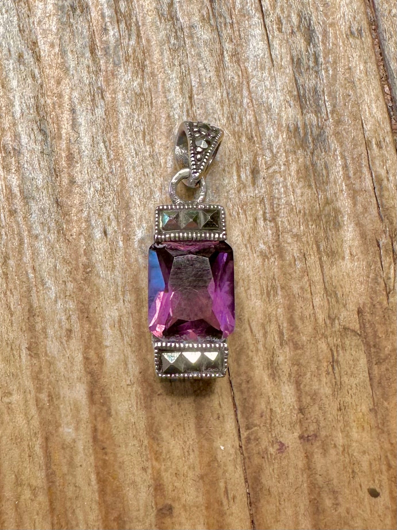 Purple Rectangle Gemstone and Marcasite 925 Sterling Silver Pendant