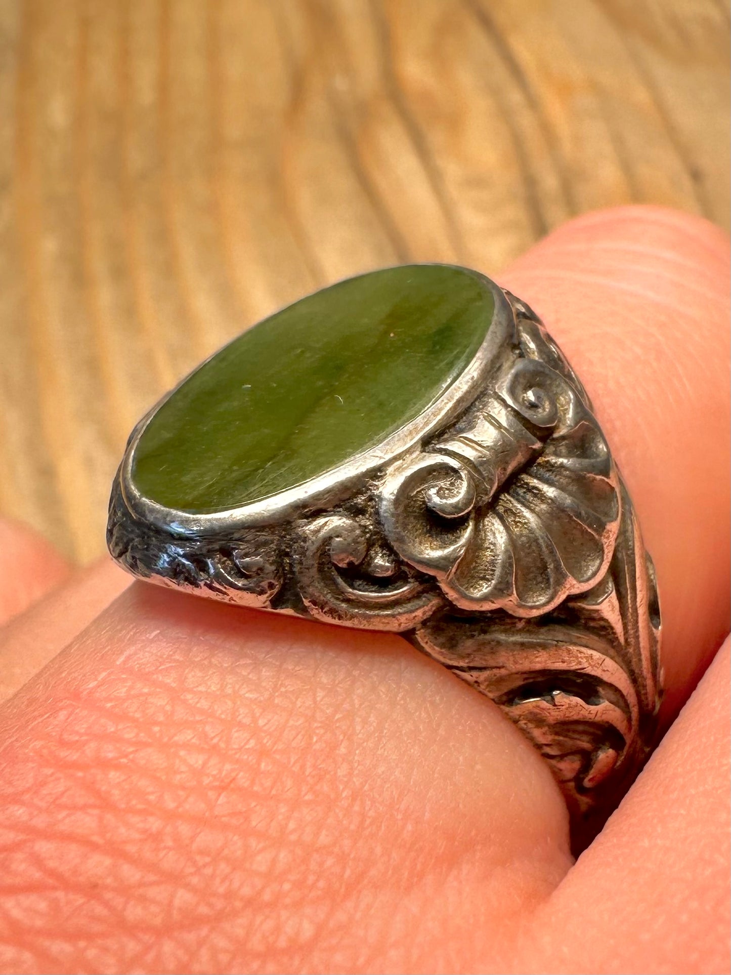 Vintage Jade Ornate Signet 925 Sterling Silver Size V Ring