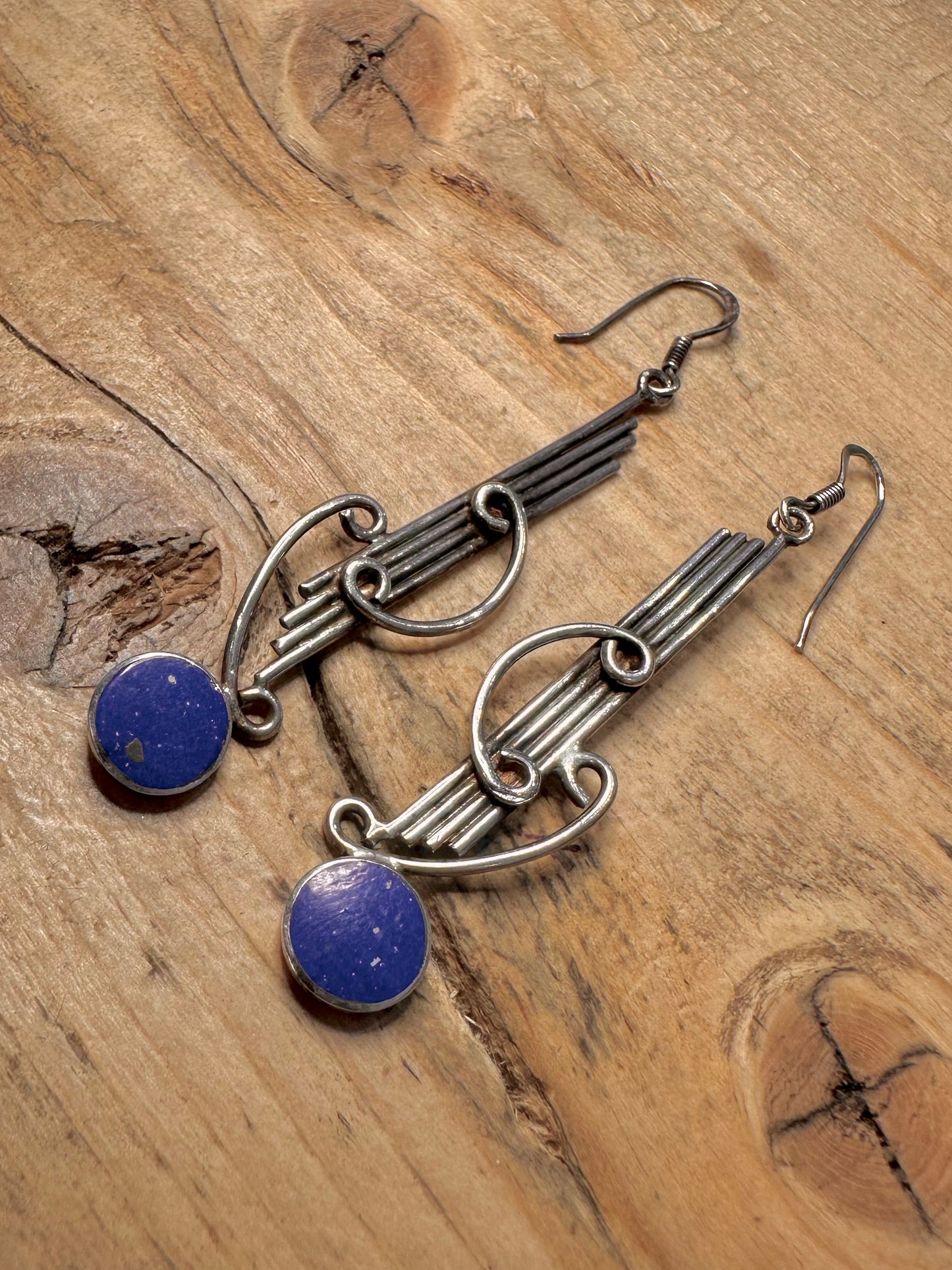 Vintage Boho Lapis Dangle 925 Silver Earrings