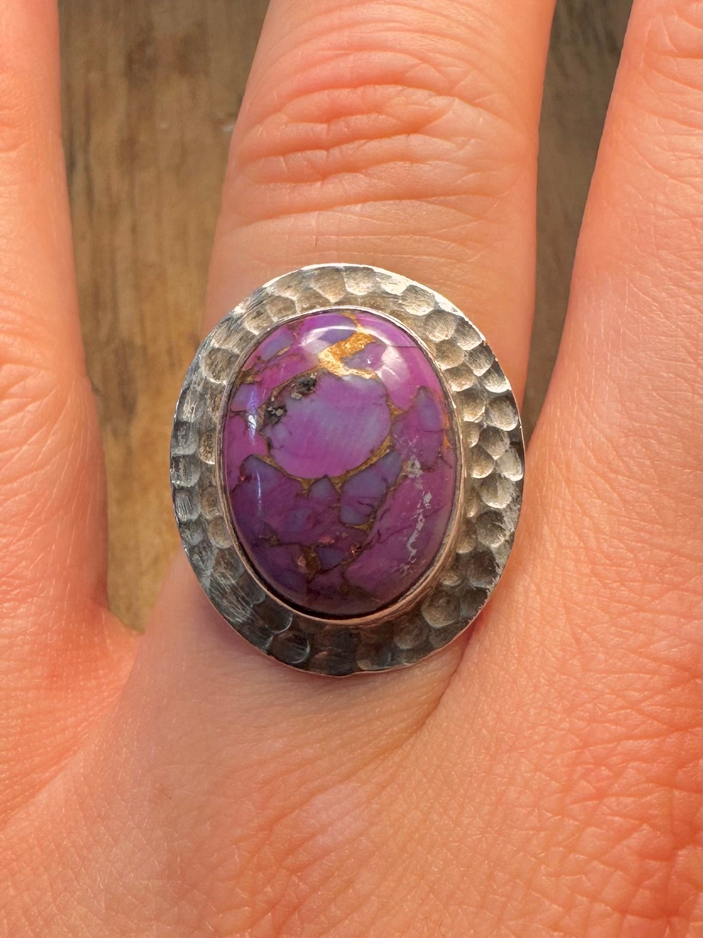 Purple Copper Turquoise Hammered Oval 925 Sterling Silver Size S Ring