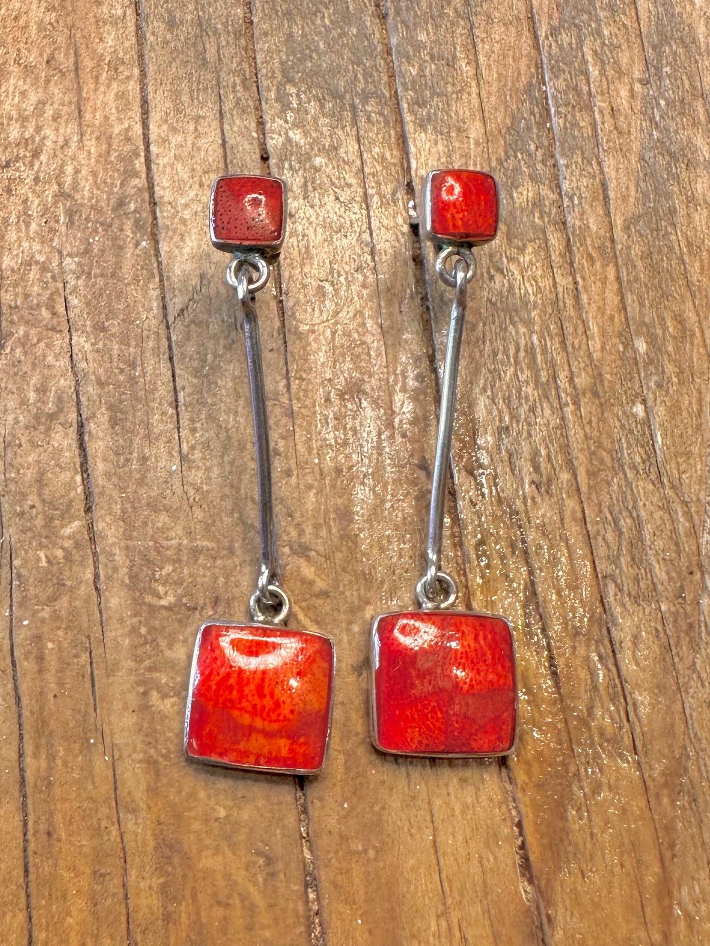 Coral Square Dangle 925 Sterling Silver Earrings