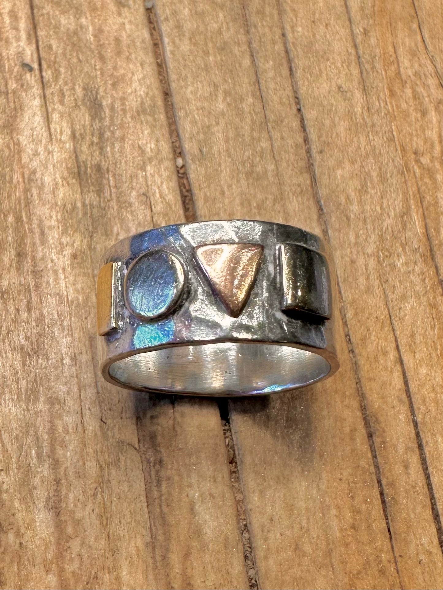 Abstract Hammered Love Gold on 925 Sterling Silver Size J1/2 Ring