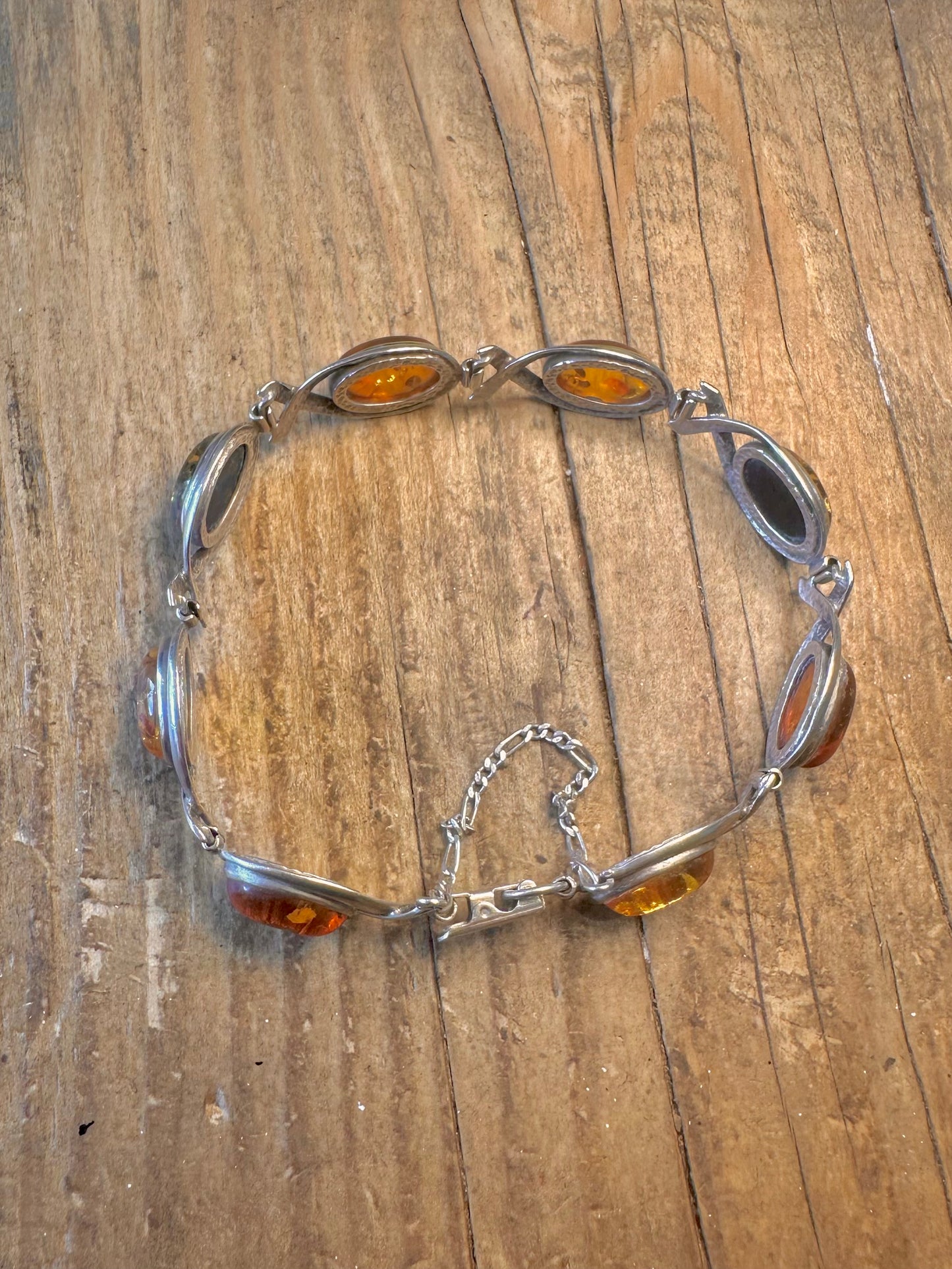Modernist Oval Amber Link with Safety Chain 925 Sterling Silver 7 inch Bracelet