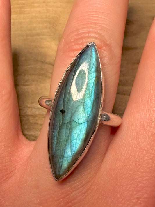 Vintage Elongated Labradorite 925 Silver Size P1/2 Ring