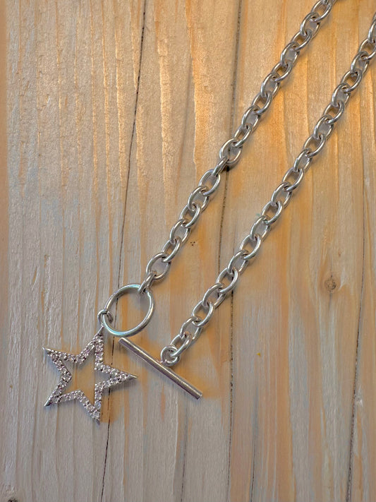 Vintage CZ Star T Bar Clasp Belcher Chain 925 Silver 16 inch Necklace