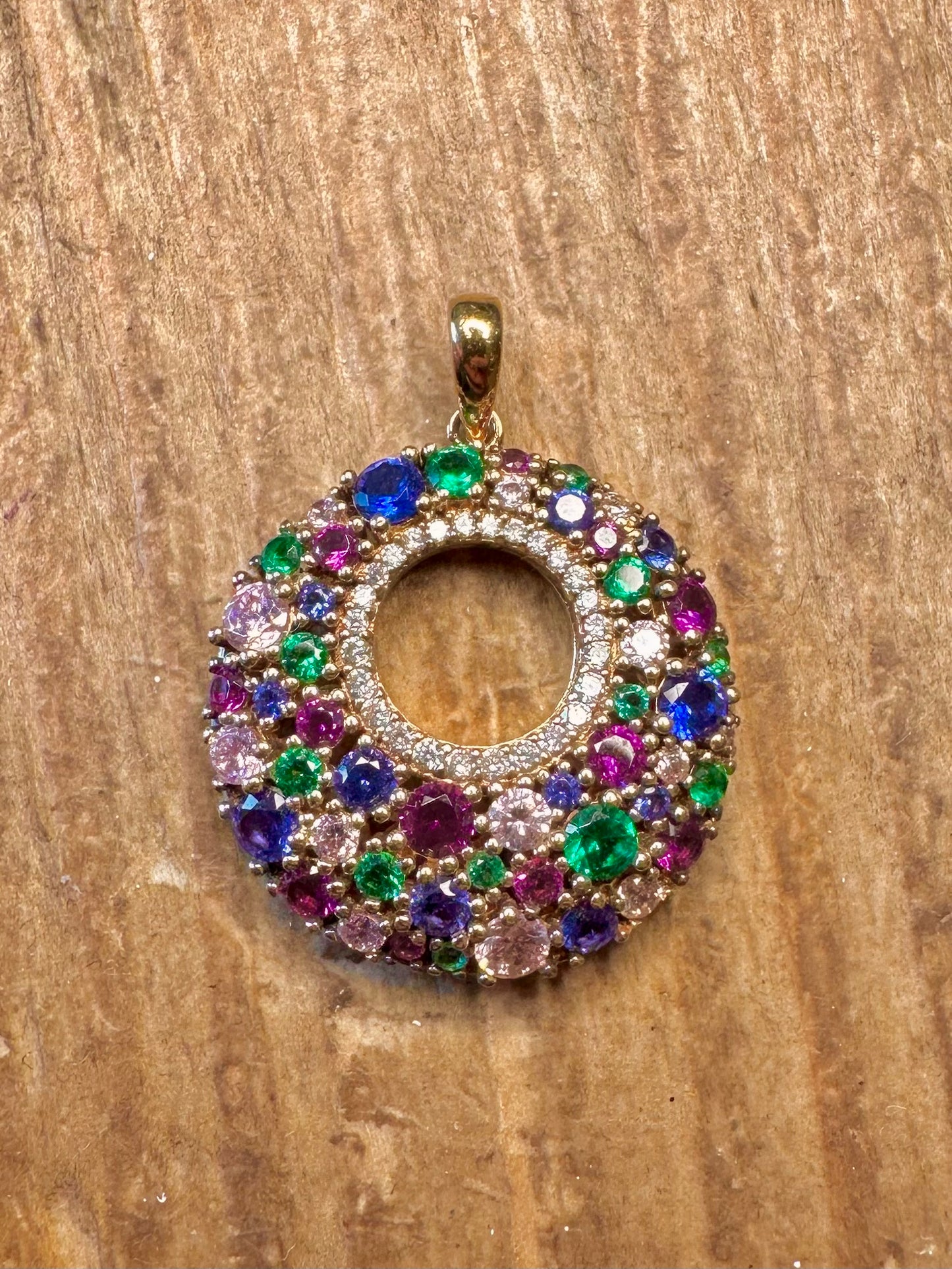 Multi Coloured Stone Circle Gold on 925 Sterling Silver Pendant