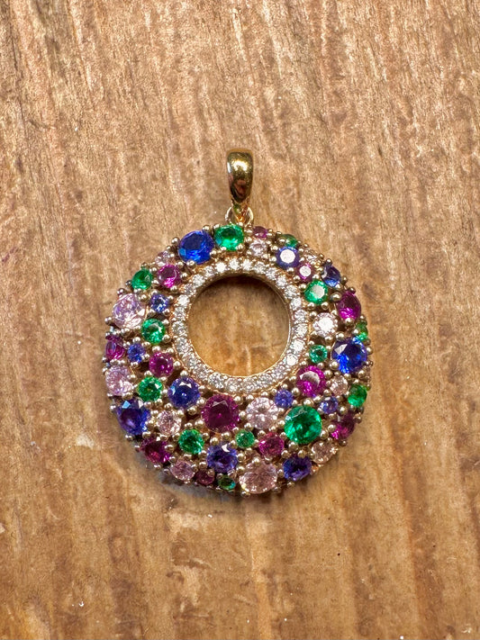Multi Coloured Stone Circle Gold on 925 Sterling Silver Pendant