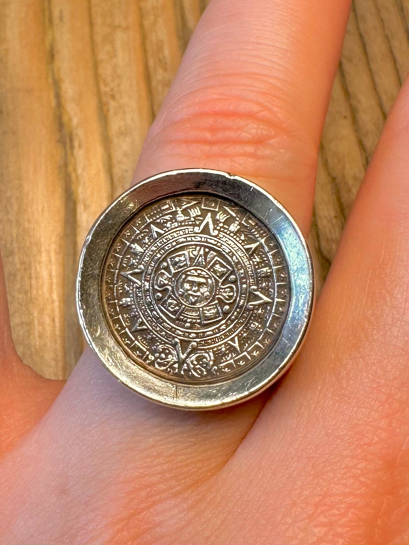 Heavy Mayan Calendar 925 Sterling Silver Size S Ring