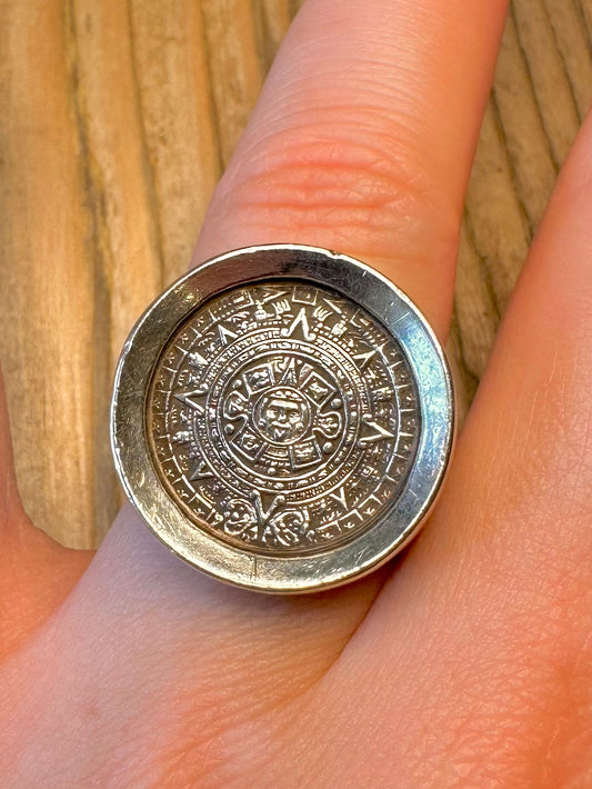Heavy Mayan Calendar 925 Sterling Silver Size S Ring