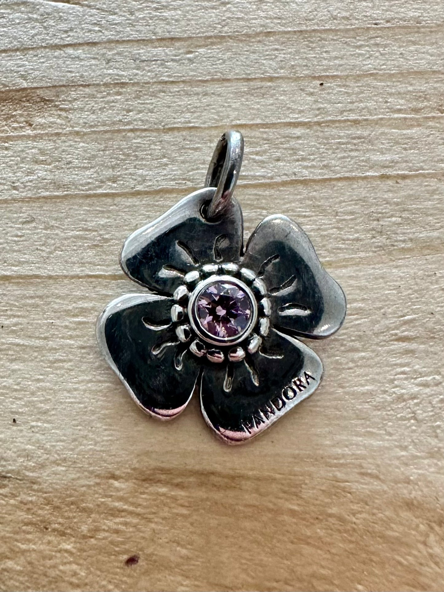 Vintage PANDORA Flower Pink Topaz 925 Silver Pendant