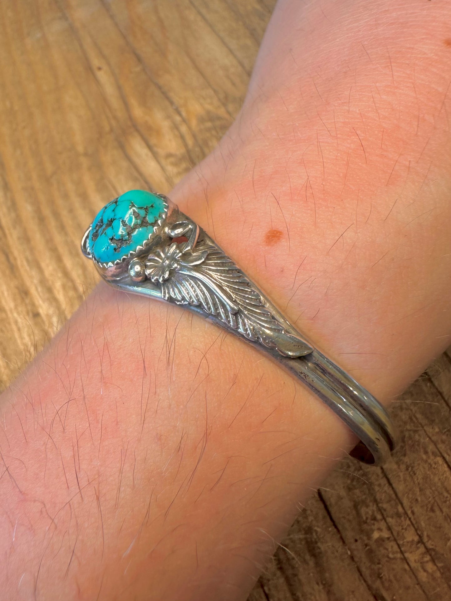 Navajo Turquoise Leaf Floral Silver Cuff Bangle