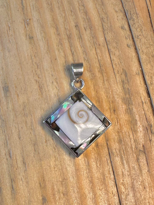 Square Shiva Shell and Abalone 925 Sterling Silver Pendant