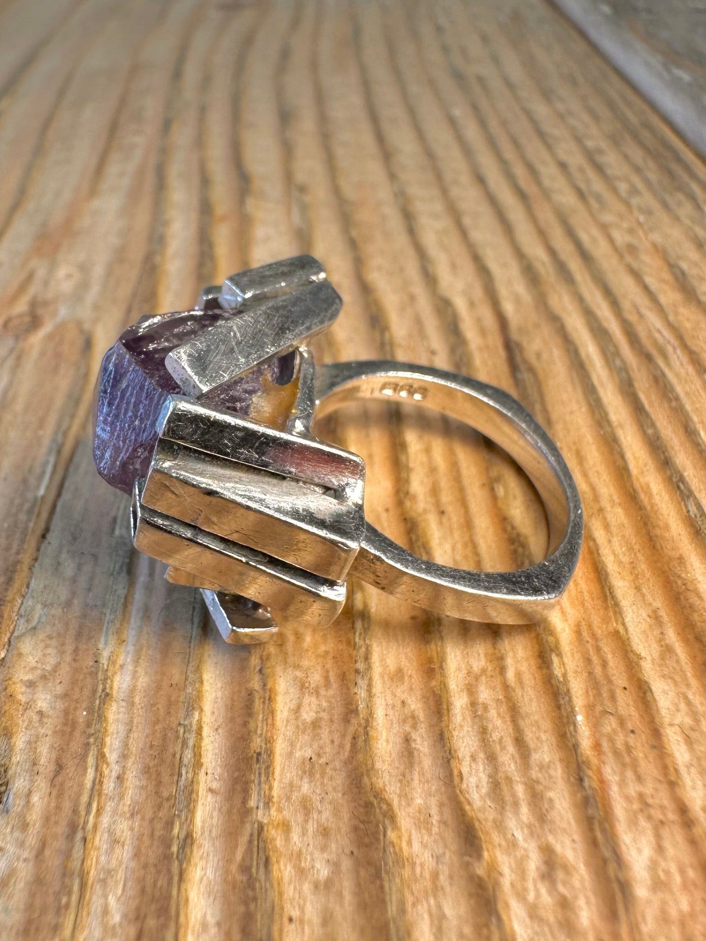 Modernist Abstract 1971 Raw Amethyst 925 Sterling Silver Size L Ring