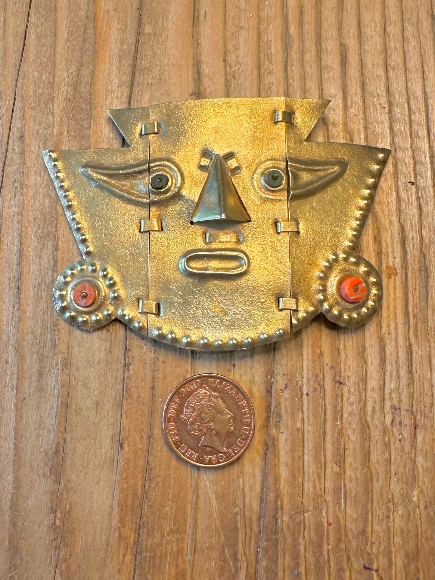 Peruvian Handmade Hinge Movement Sicán Lambeyeque Mask Coral Gold Toned 925 Sterling Silver Pendant And Brooch