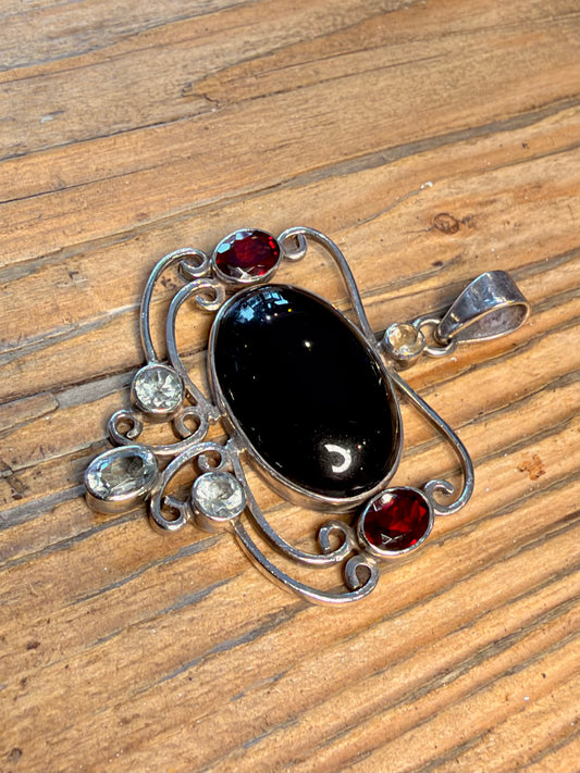 Ornate Onyx Blue Topaz Garnet 925 Sterling Silver Pendant