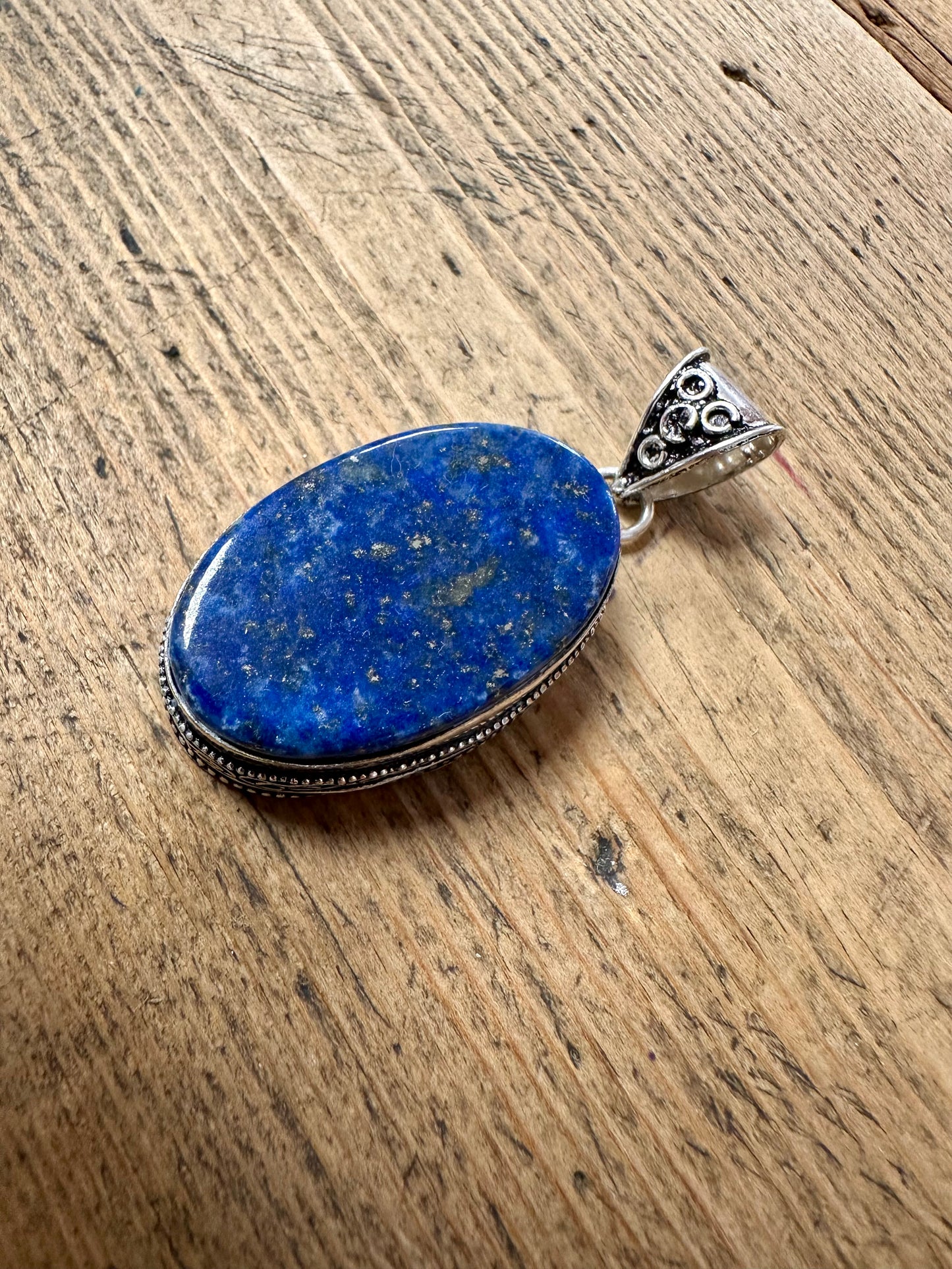 Vintage Large Oval Lapis Tribal 925 Silver Pendant