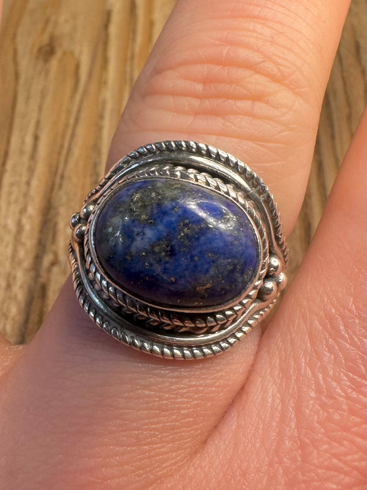 Vintage Lapis Tribal 925 Sterling Silver size P Ring