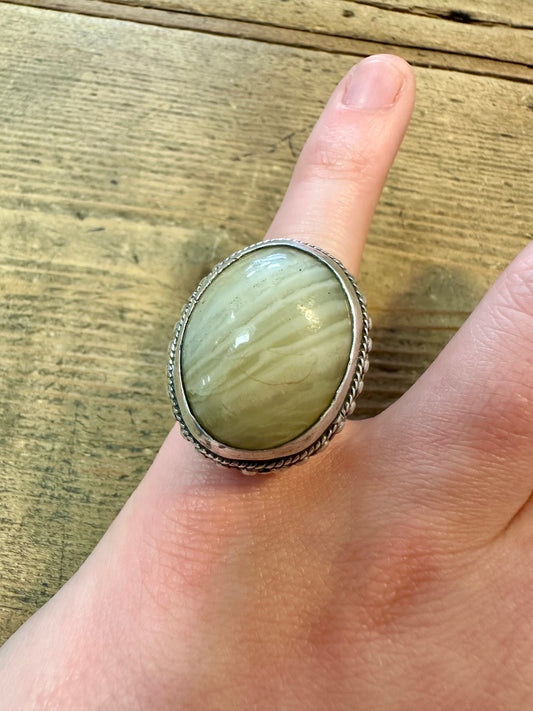 Vintage Large Banded Agate Boho 925 Silver Size K Ring