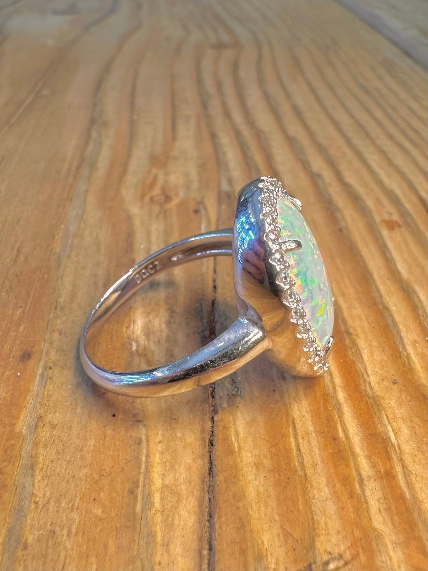 Oval Simulated Opal and White CZ 925 Sterling Silver Size U Ring