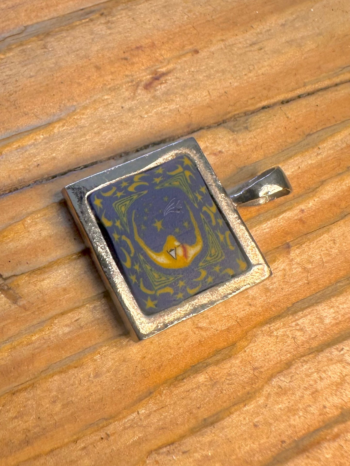 Celestial Square Painted Moon Silver Pendant