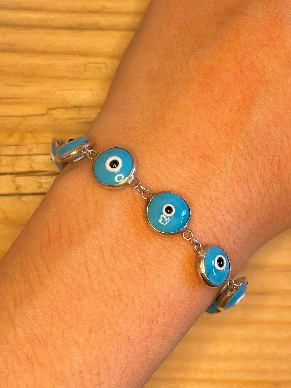 Circle Light Blue Evil Eye Link 925 Sterling Silver 7.7 inch Bracelet