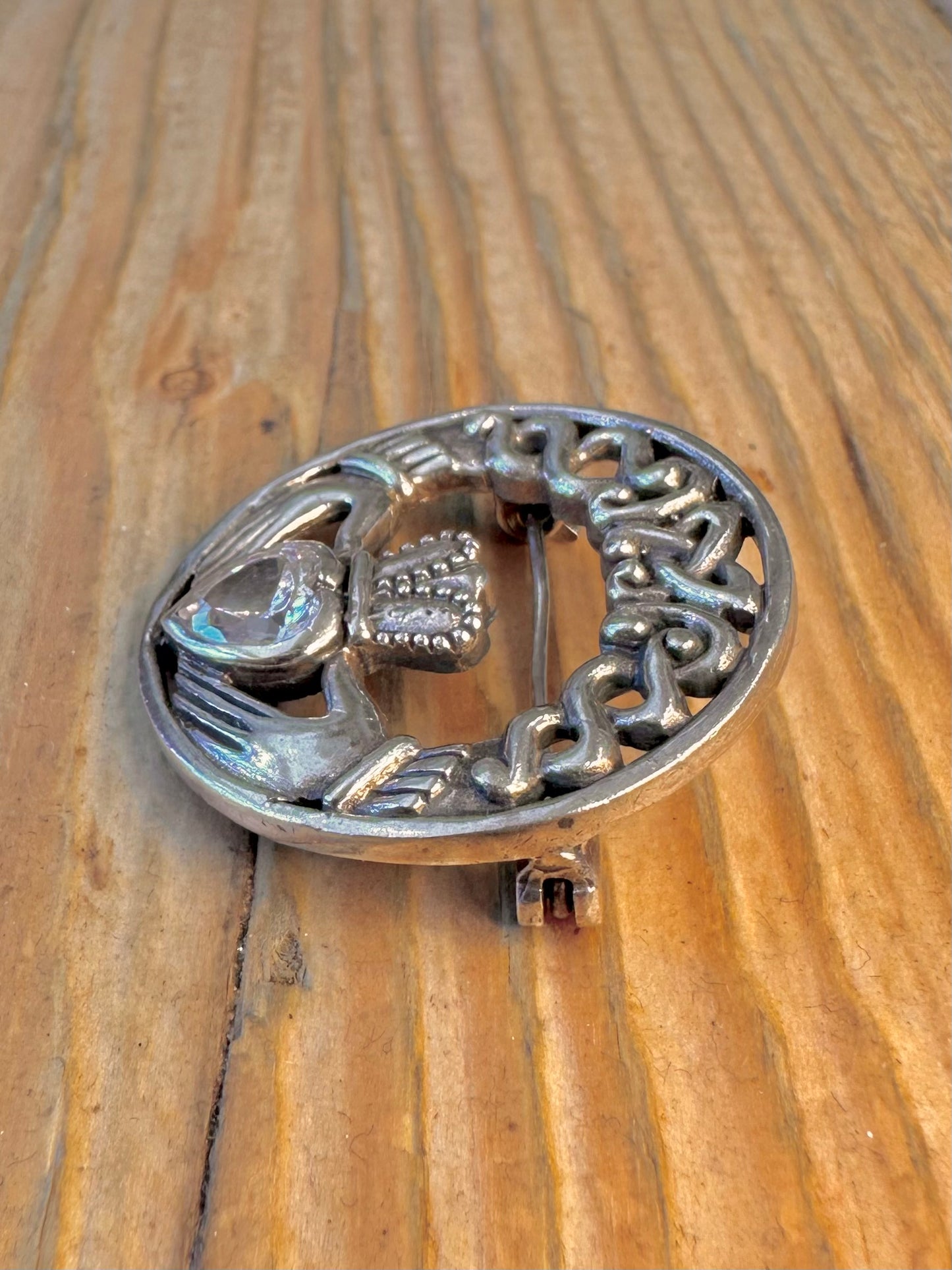 Claddagh CZ Stone 925 Sterling Silver Brooch