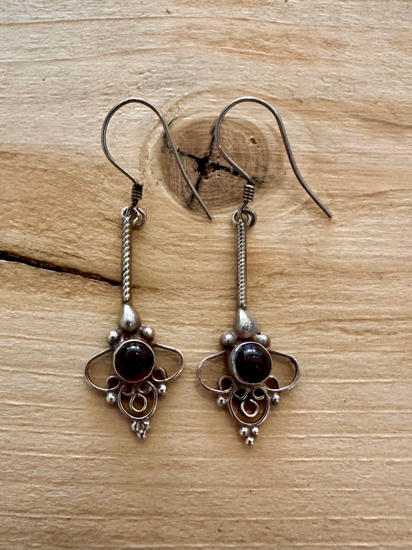 Vintage Garnet Ornate 925 Silver Earrings