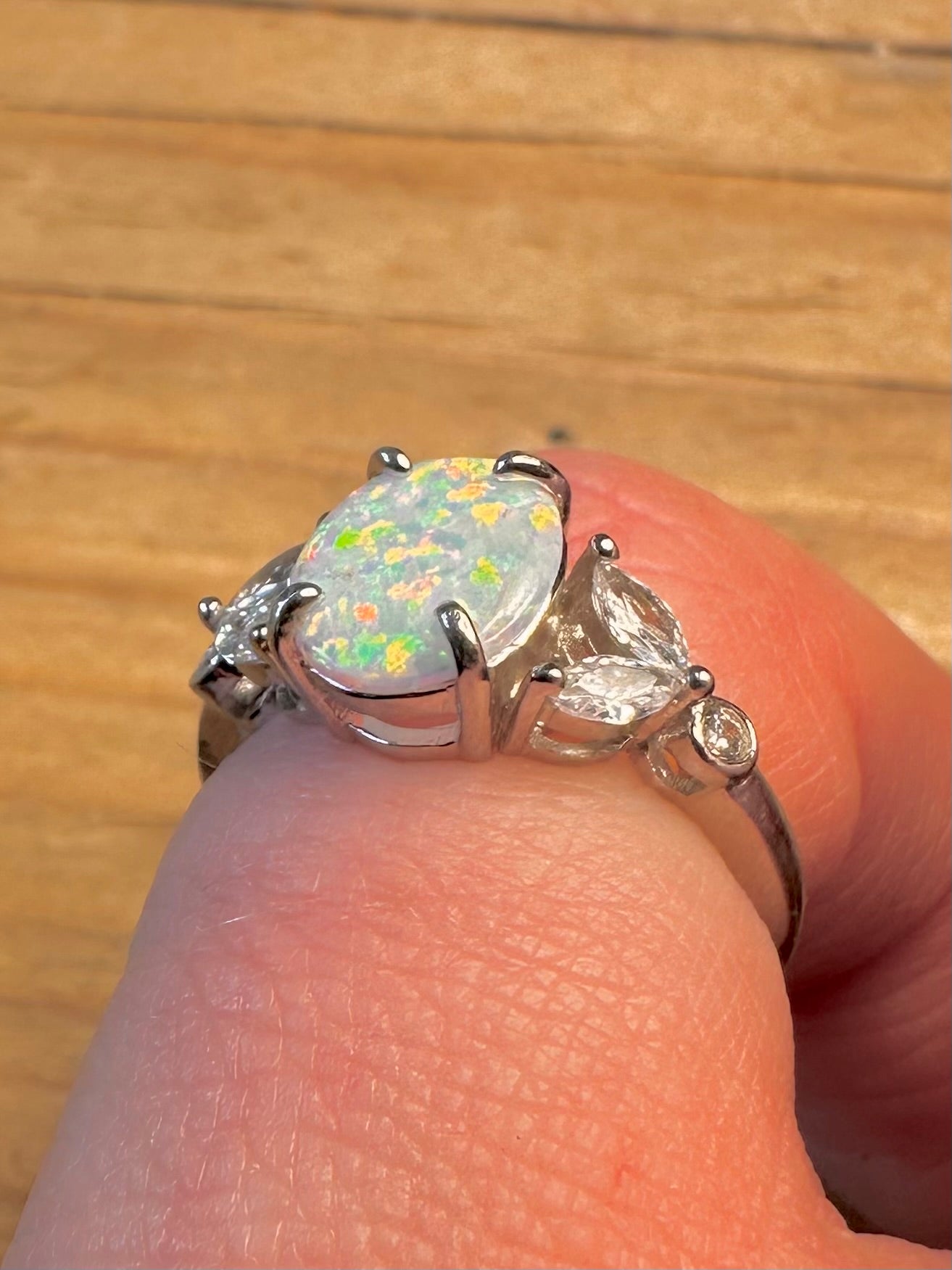Vintage Opal and White CZ 925 Sterling Silver Size I Ring