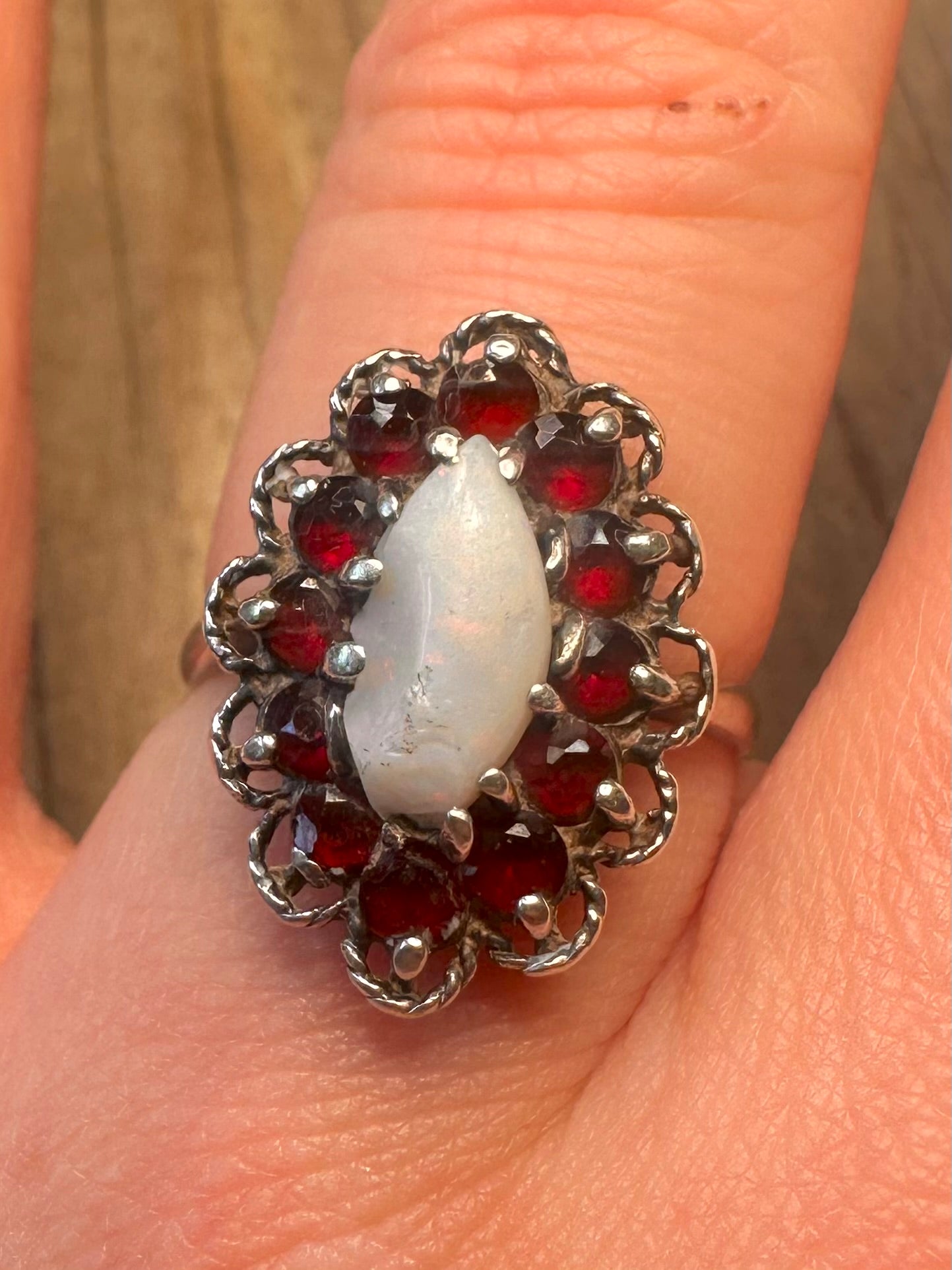 Vintage 1983 Opal and Garnet 925 Sterling Silver Size R Ring